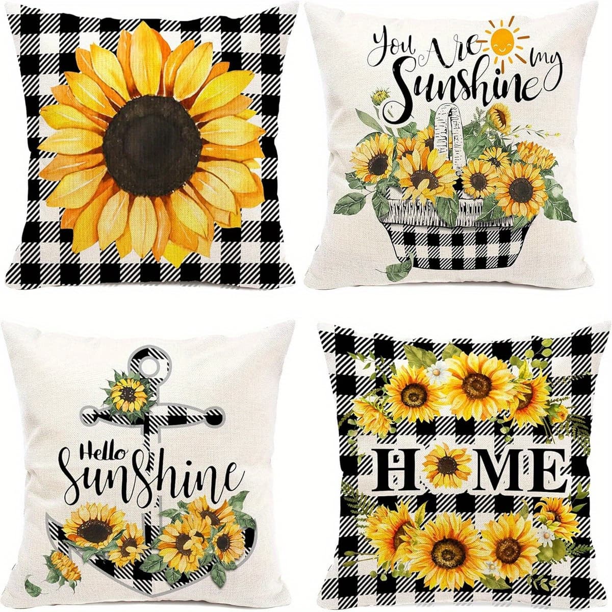 4pcs/ Set, Sunflower Pillow Cover 18x18in Set Of 4, Black Plaid Throw Pillow Cover, Farmhouse Sunflower Decor For Home Outdoor Sofa Couch, Fall Flower Pillow Case (no Insert)