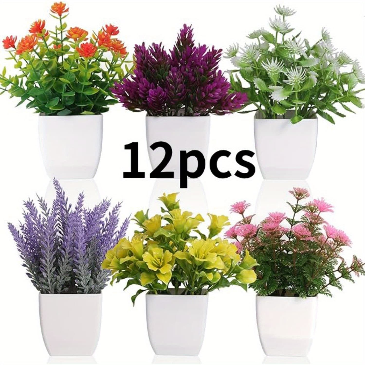 Set Of 12 Artificial Potted Flowers, Small Fake Plants Ideal For Home, Office, And Desk Decor