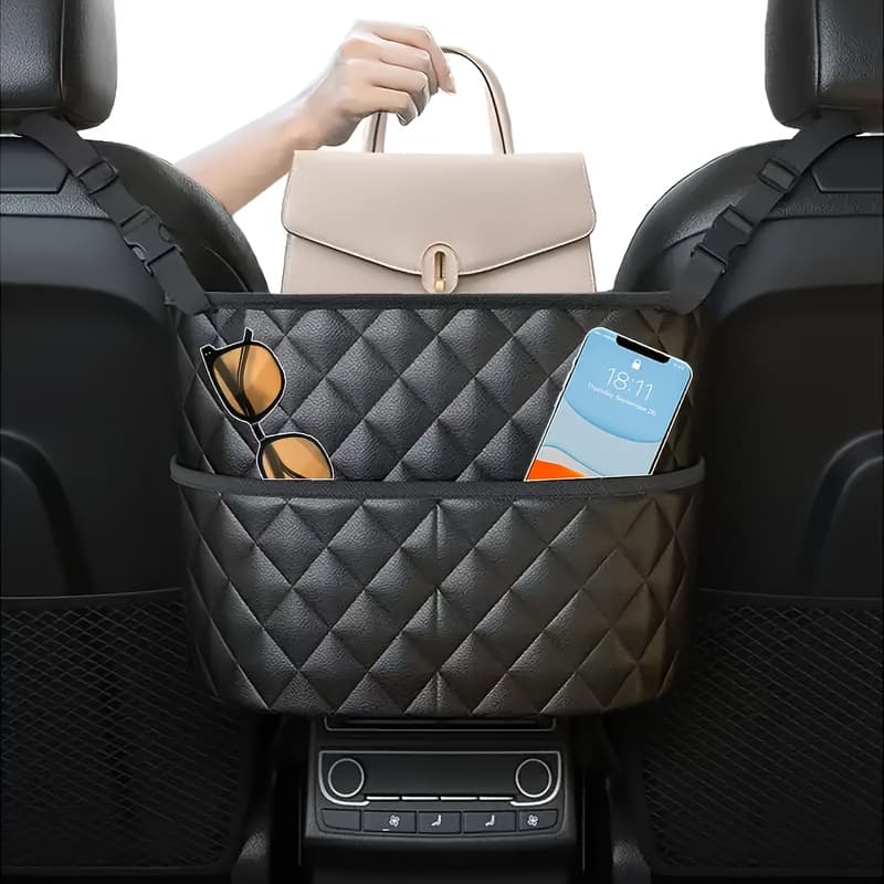 Handbag Holder Between Seats, Pu Leather Car Seat Back Storage Box With 3 Pockets, Large Capacity Storage Bag