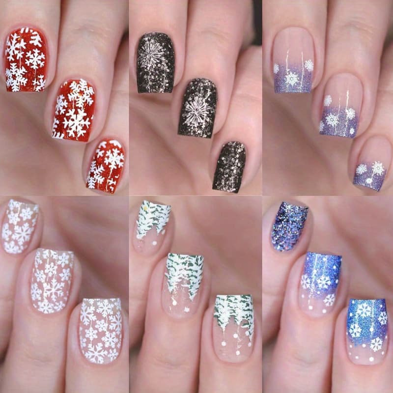 144pcs (6 Pack) Christmas Press On Nails Short French Tips Fake Nails Golden Glitter Nail Tips Full Cover Winter Acrylic Nails With Nude Pink False Nails Square Glue On Nails For Women Girls