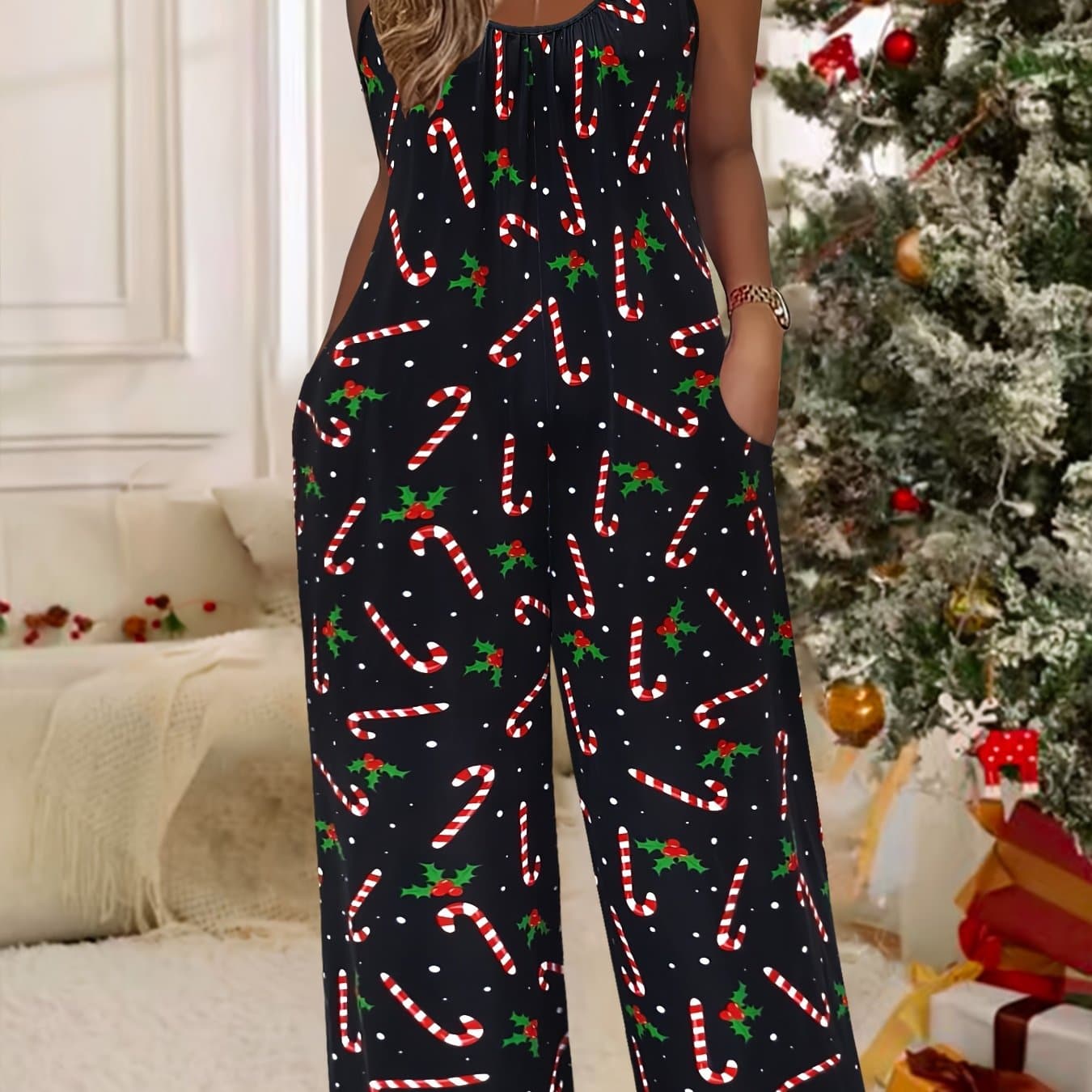 Women's Fashion Christmas Print Jumpsuit With Round Neck, Pleated Pockets, Casual Wide-leg Pants, And Suspender Straps