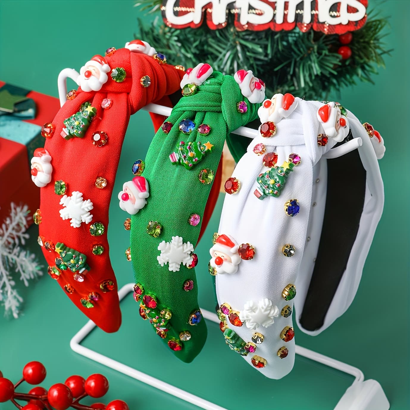 3 Knot Headband, Santa Claus Snowflake Christmas Tree Hair Accessory, Christmas Holiday Gift Giveaway