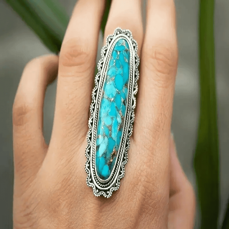 Ring Featuring A Long Oval Design With Silver Plating And Turquoise Inlay, Perfect For Men And Women. It Represents Power And , Making It An Ideal Accessory For Everyday Wear Or Parties