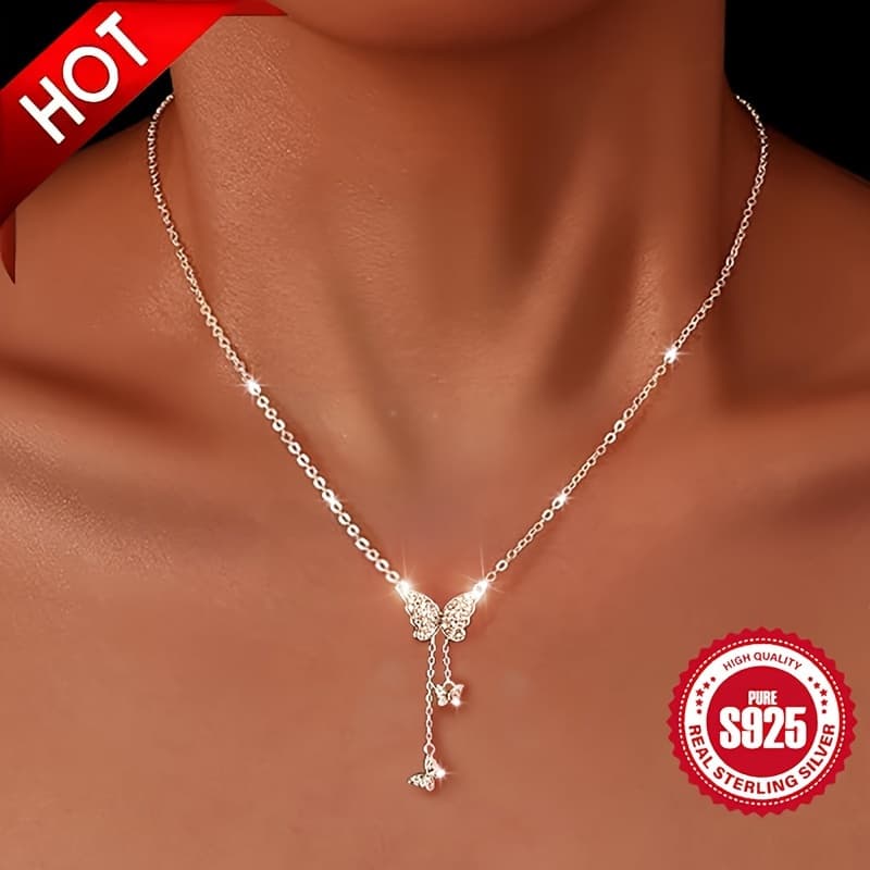 Elegant Pendant Necklace For Women, 925 Sterling Silver, Luxury Zirconia Inlaid Tassel Design, Hypoallergenic, Versatile Wear For Daily & Vacation, Ideal Christmas Gift - 3.41g