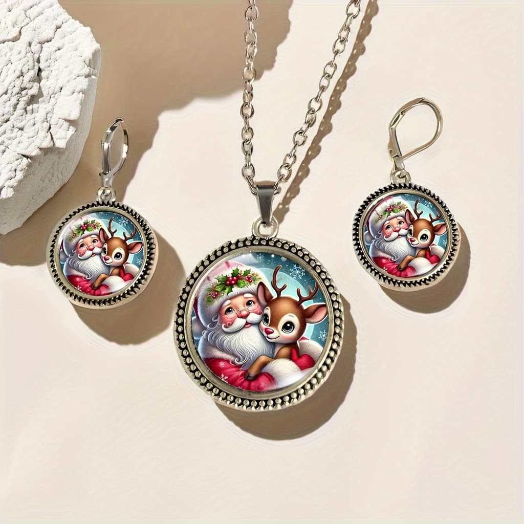 3pcs Festive Santa & Reindeer Jewelry Set - Retro Glass Alloy Pendants For Men, Perfect For Christmas Celebrations