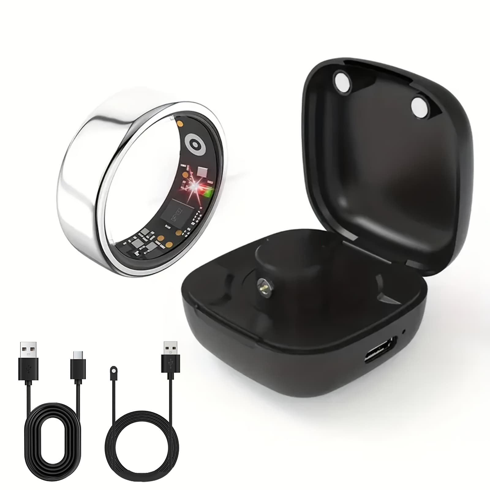 A New Smart Ring Featuring A Charging Compartment, Designed To Track Fitness Such As Steps, Distance, , Sleep Patterns, And Exercise. Compatible With Iphone And Devices And Charges Via Usb