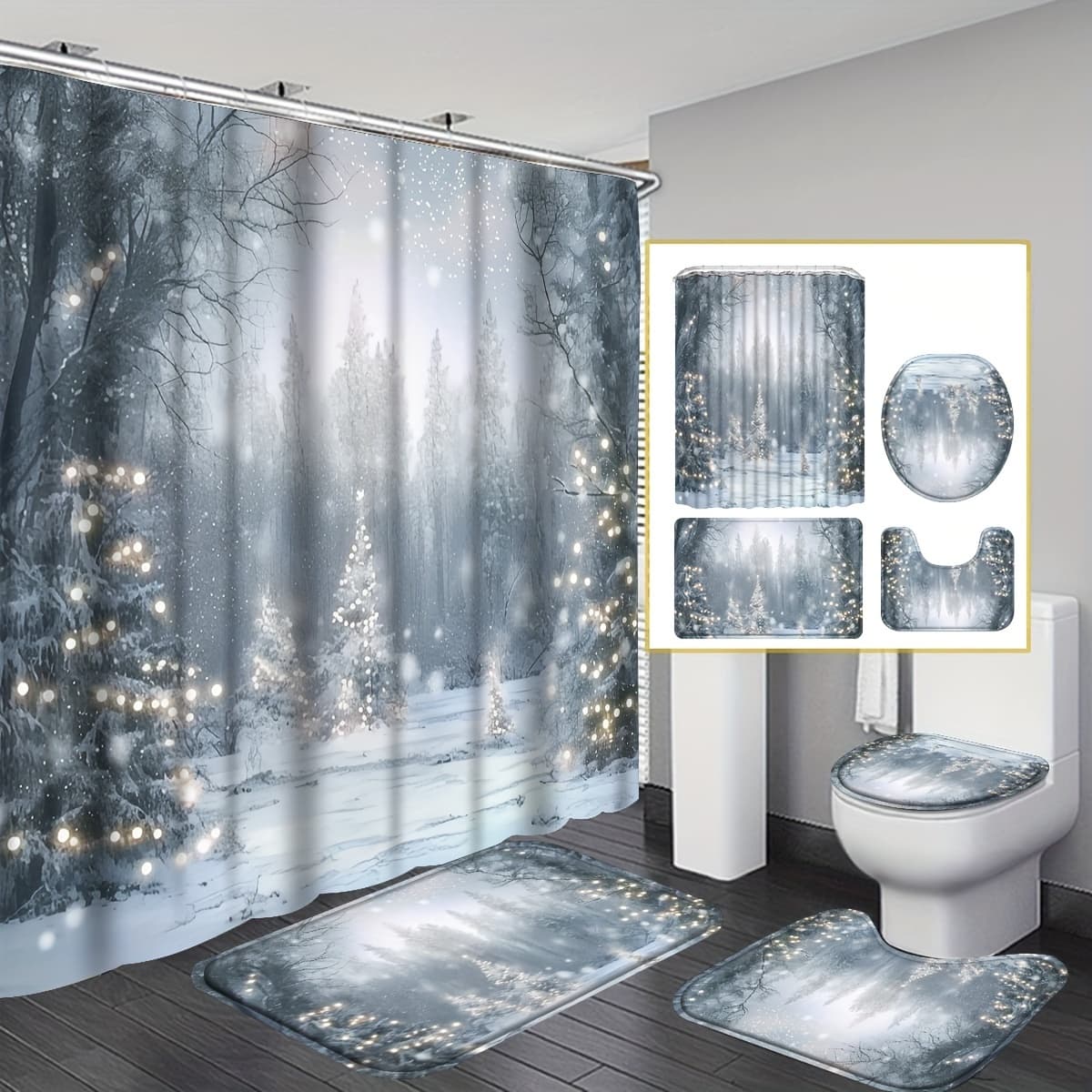 4pcs Christmas Shower Curtain Set With Non-slip Rugs, Toilet Mat, Toilet Seat Cover, Machine Washable Shower Curtain With 12 Hooks, Nature Forest Snowy Scenery Bathroom Decor Set With Accessories