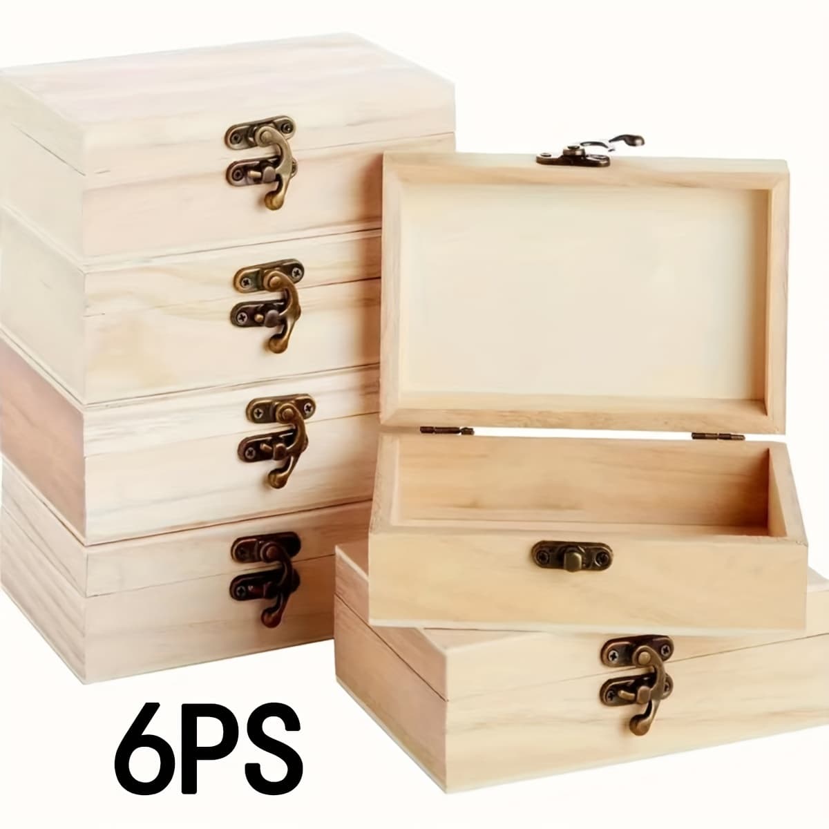 6pcs Unfinished Wooden Jewelry Box, Featuring A Hinged Lid And Clasp, A Easy Decorative Wooden Box For Collections, Crafts, Jewelry Storage, And Holiday Gift , Jewelry Boxes