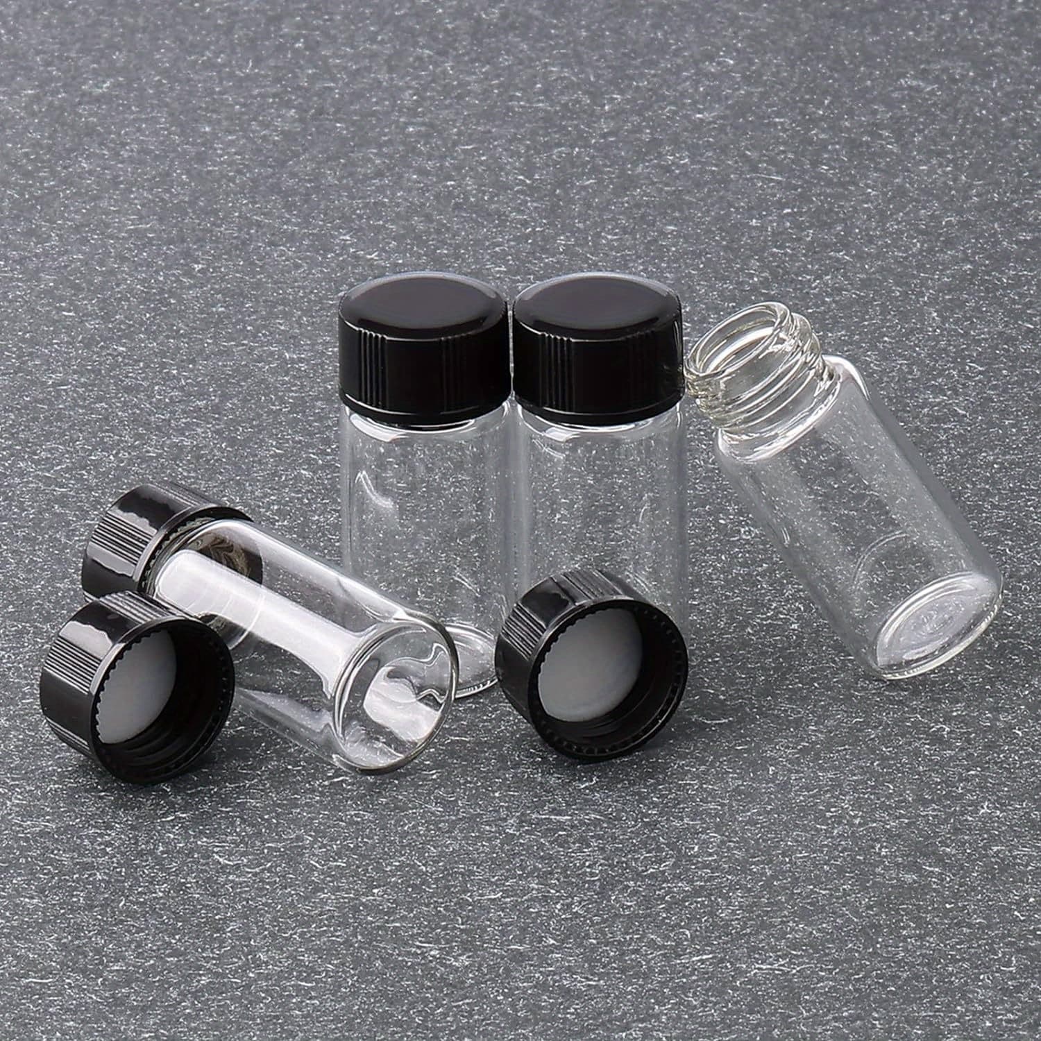 50pcs 5ml (0.17 Oz) Small Clear Liquid Sampling Sample Vial Leak-proof Storage Bottles With Black Screw Caps For Oil Chemistry Lab Chemicals, Portable Travel Size