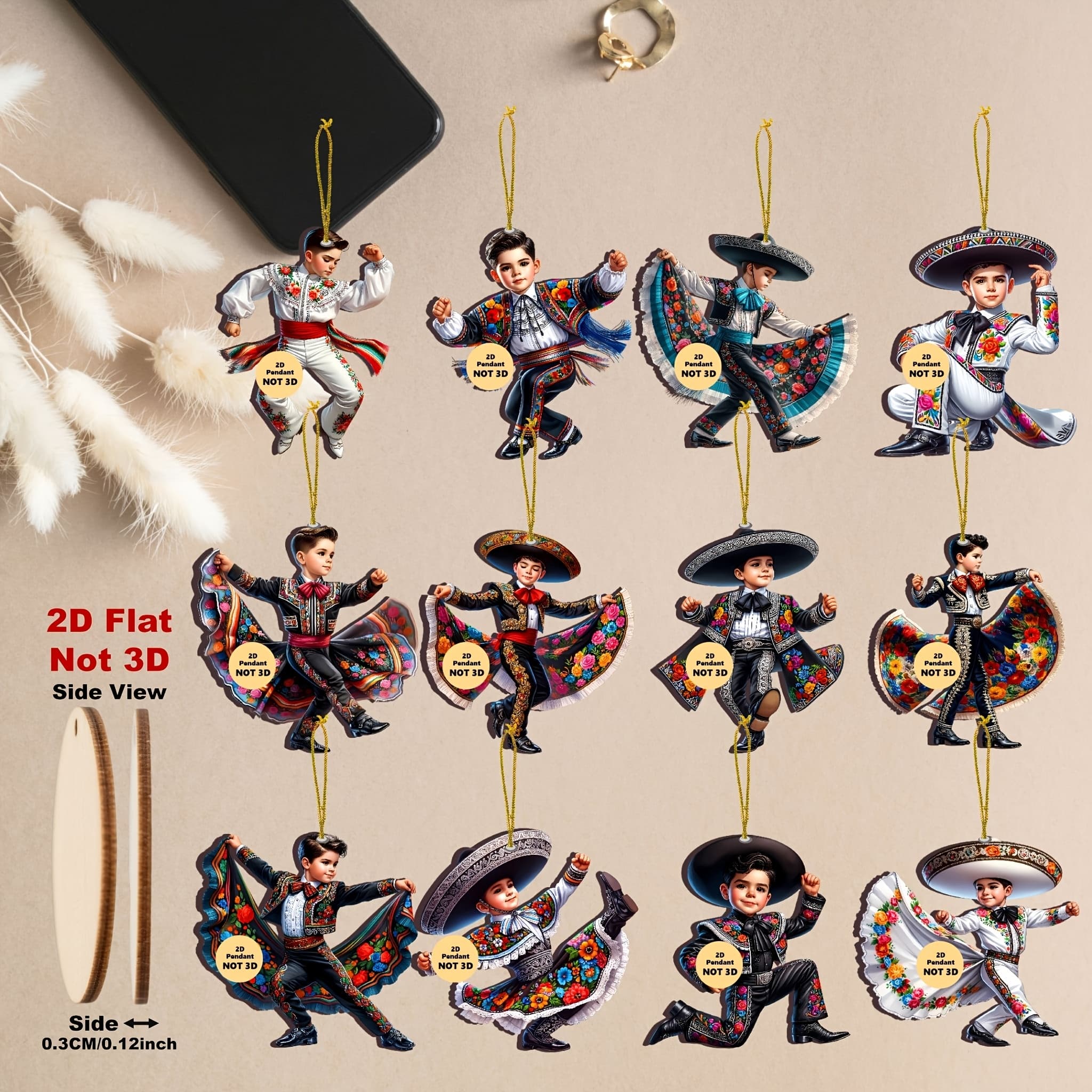 2d Flat, 2d Flat Wooden, 12pcs/set Cute Dancing Mexican Boy Wooden Ornaments - Christmas Trees, Home, And Window Decorations | Ideal Holiday Party Accessories And Gifts, 2d Flat