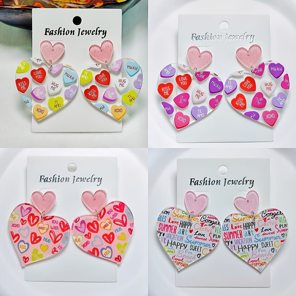 4 Pairs Of Printed Letter Acrylic Heart Earrings, Very Suitable For , Parties And Vacations, Gift For Her