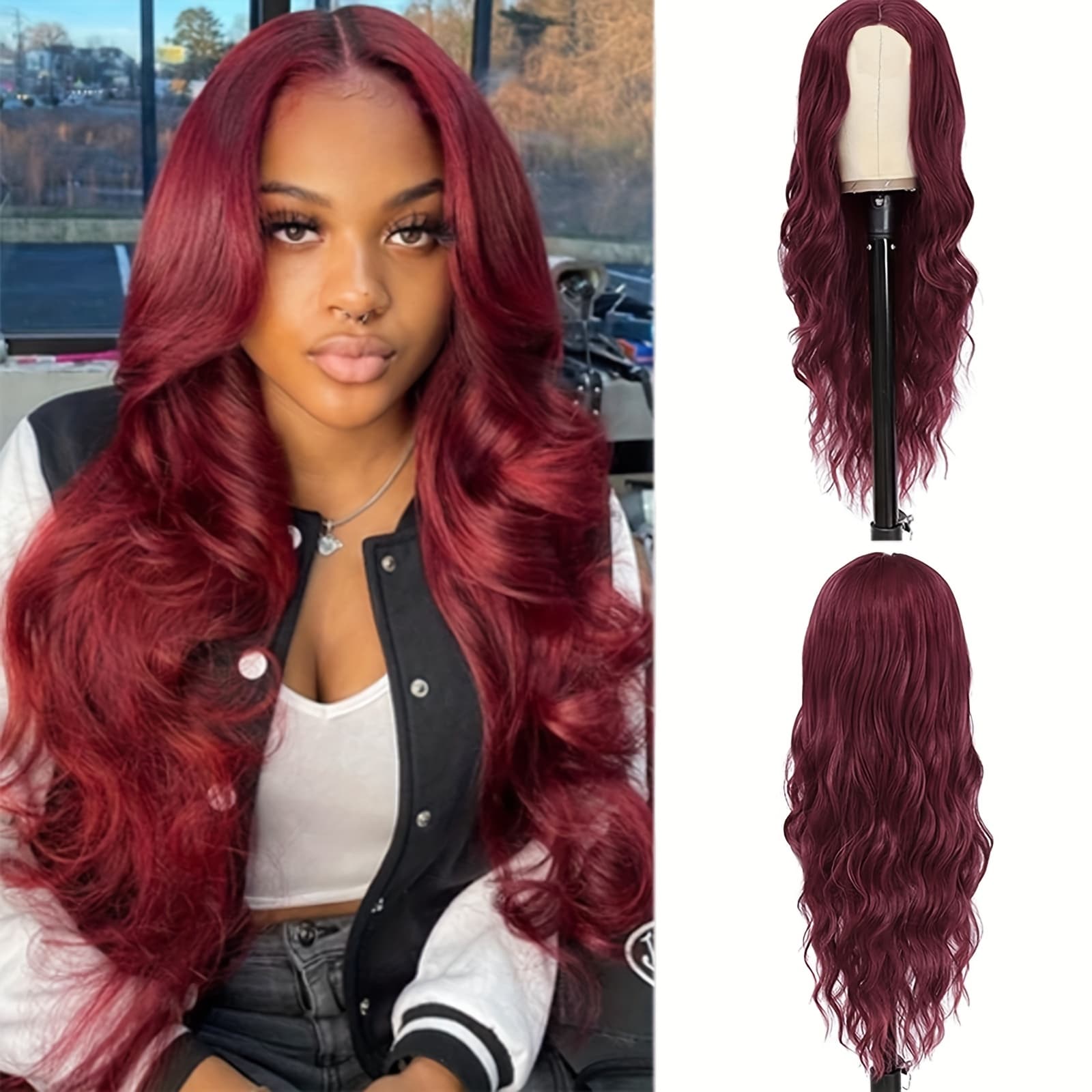 28-inch Burgundy Synthetic Wig With Body Wave, Elegantly Dynamic And Classically , Perfect For Tones, Ideal For Christmas And New Year Celebrations, Suitable For Everyday Use And Holiday Parties