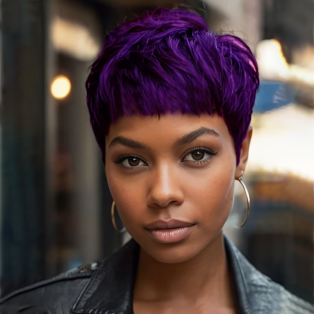 Vibrant Purple Cut Wig With Bangs, Synthetic Wavy Hairpiece For Women, Perfect For Christmas And Parties