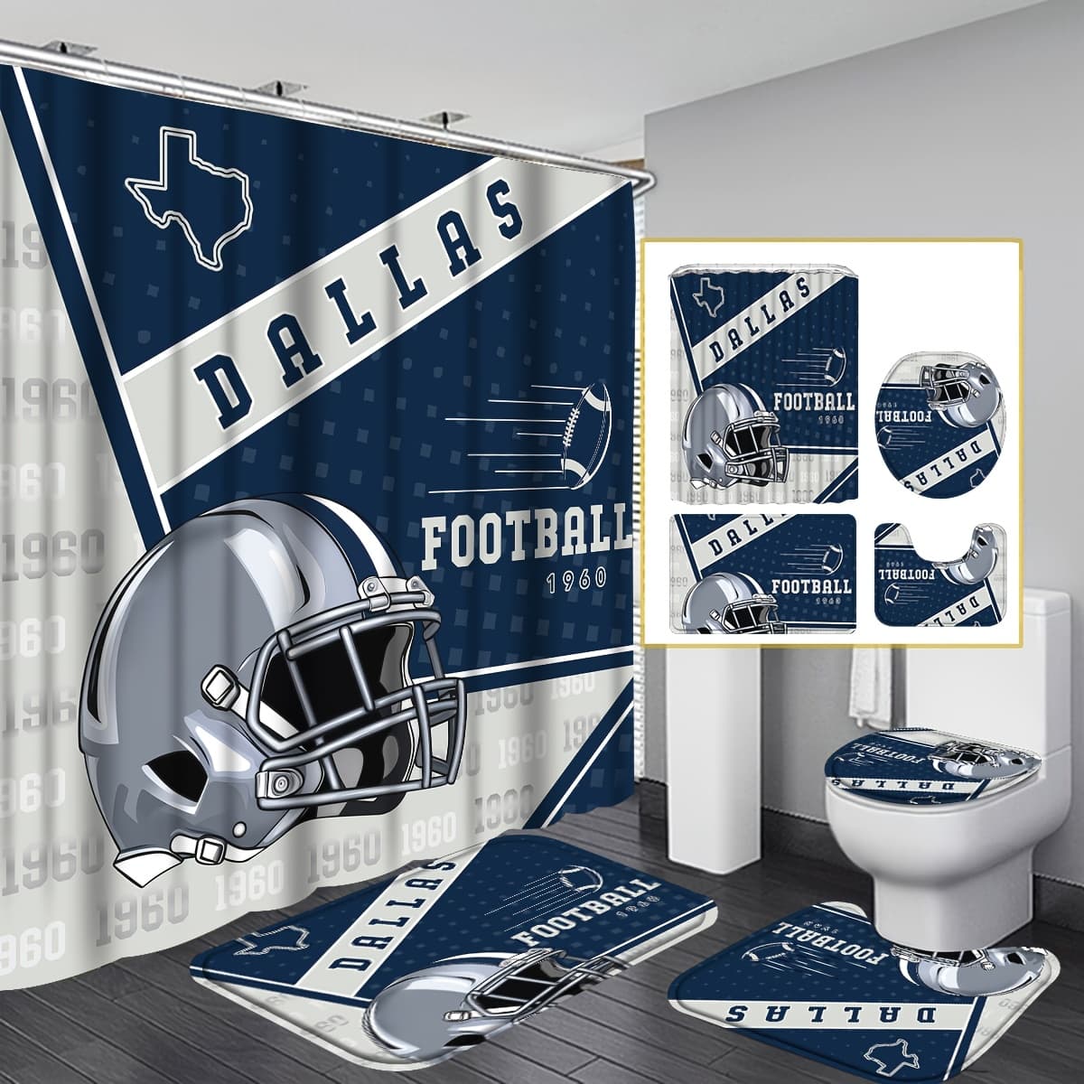4pcs Football Helmet Shower Curtain - Dallas Team Gift Bath Curtain- Machine Washable Bath Drape With Hooks, Football Helmet-printed Accessory For Bathroom