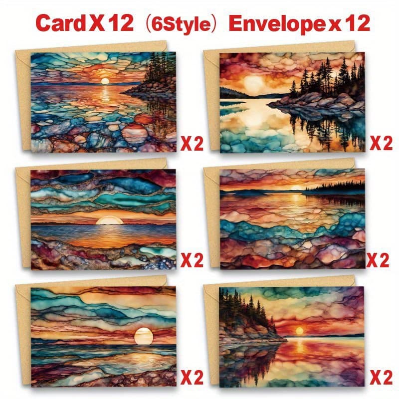 24pcs Vibrant Sunrise On Lake Greeting Cards With Envelopes - Unique Nature-themed, Blank Inside For - Ideal For , Family, Birthdays & Holidays