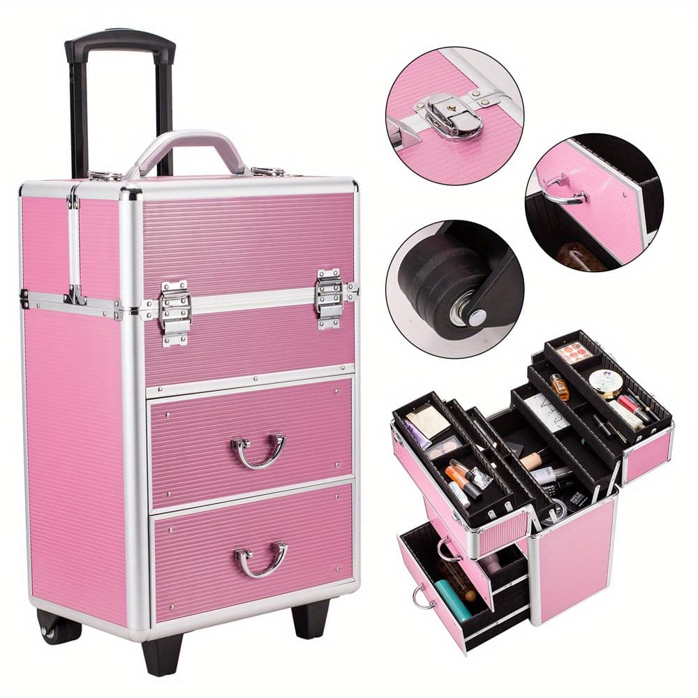 4 Tier Lockable Cosmetic Makeup Train Case With Extendable Trays Pink