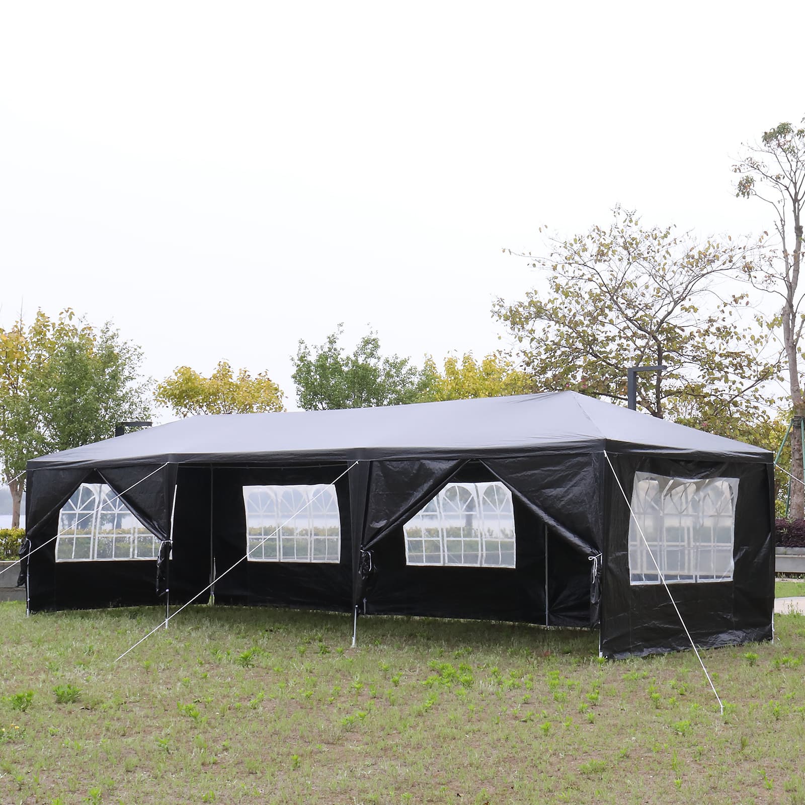 10x30ft Carport In White, Blue, And Black With An 8-sided Low-profile Awning And Pe Fabric, Suitable For Multifunctional Use As A Party Or Storage Space