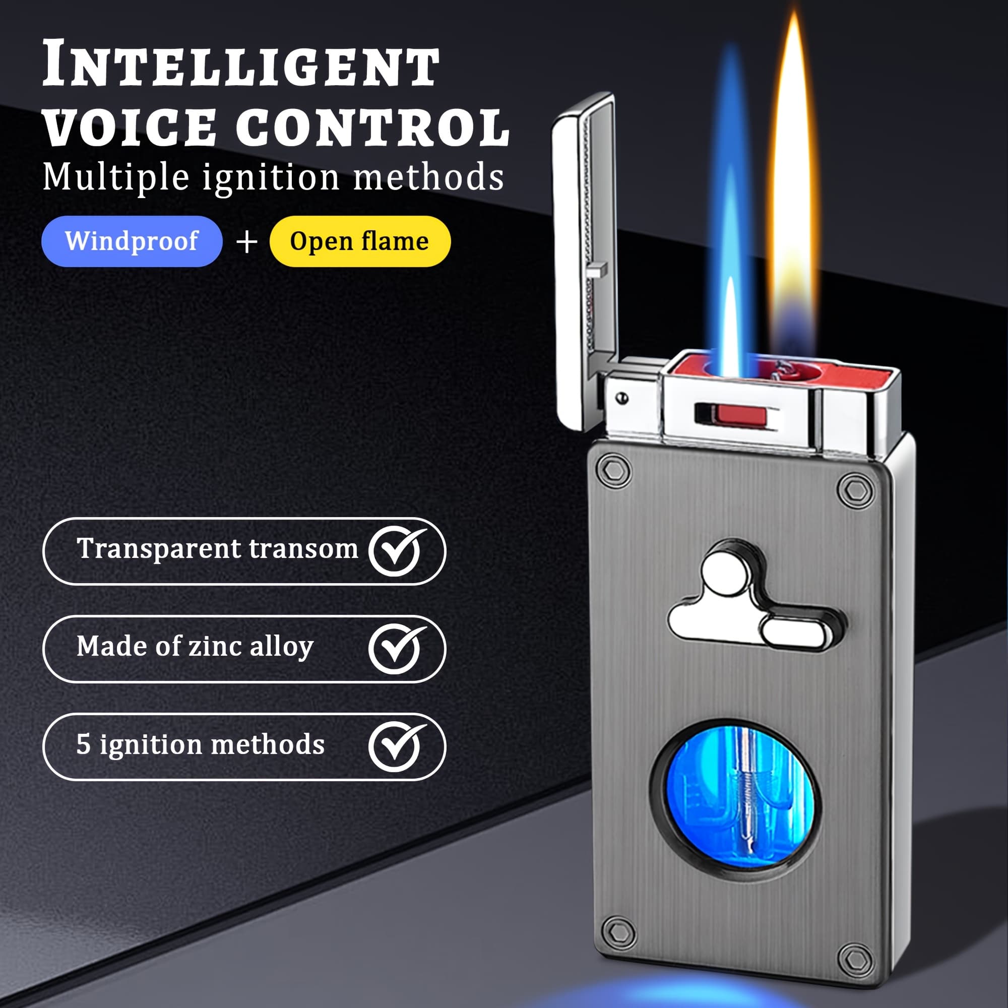 Voice-activated Butane Lighter With 5 Ignition , Windproof & Flameless Dual Flame, Transparent Alloy Design, Perfect For Camping, Hiking & - Great Gift For Dad Or Boyfriend (butane Not Included)