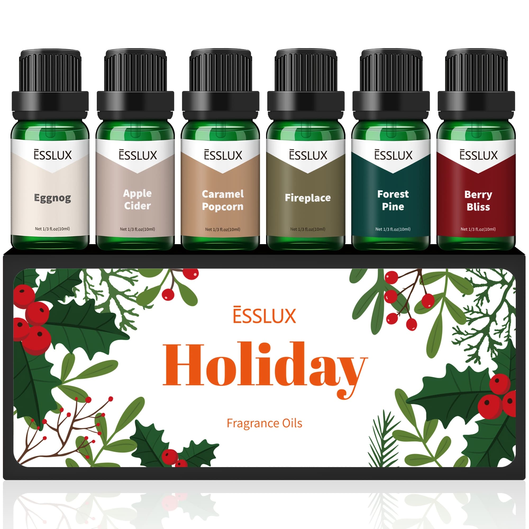 6x10ml Holiday Fragrance Oil, Esslux Scented Oils Set, Christmas Winter Essential Candle Scents For Candle Making, Diffuser, Laundry, Dryer Ball, Oil Gift Set