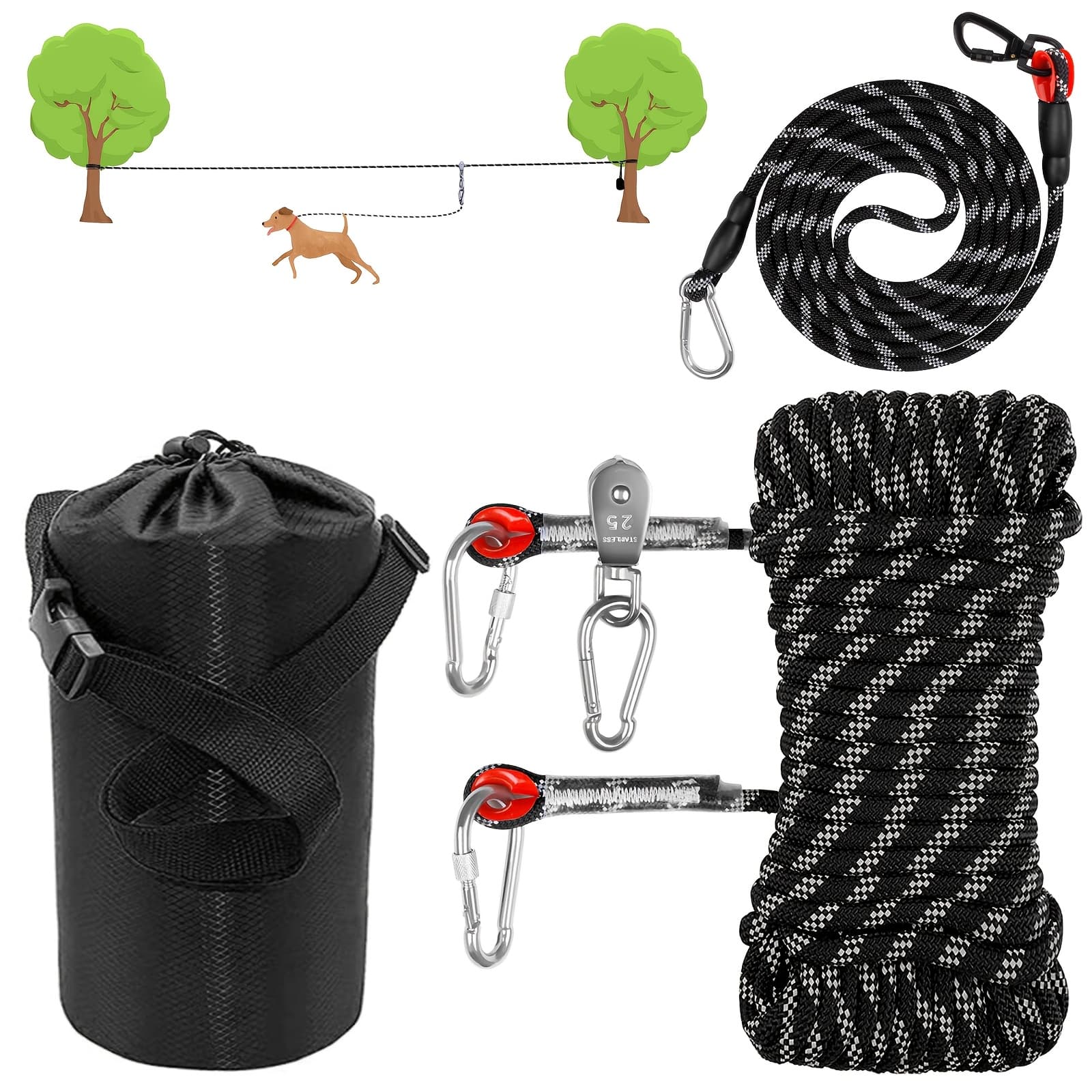 Dog Tie Out Cable With 75ft Overhead Trolley System - Heavy Duty Dog Runner With 10ft Lead, Reflective Cable For Yard, Camping, Hiking & Outdoor Use, Supports Dogs Up To 200lbs