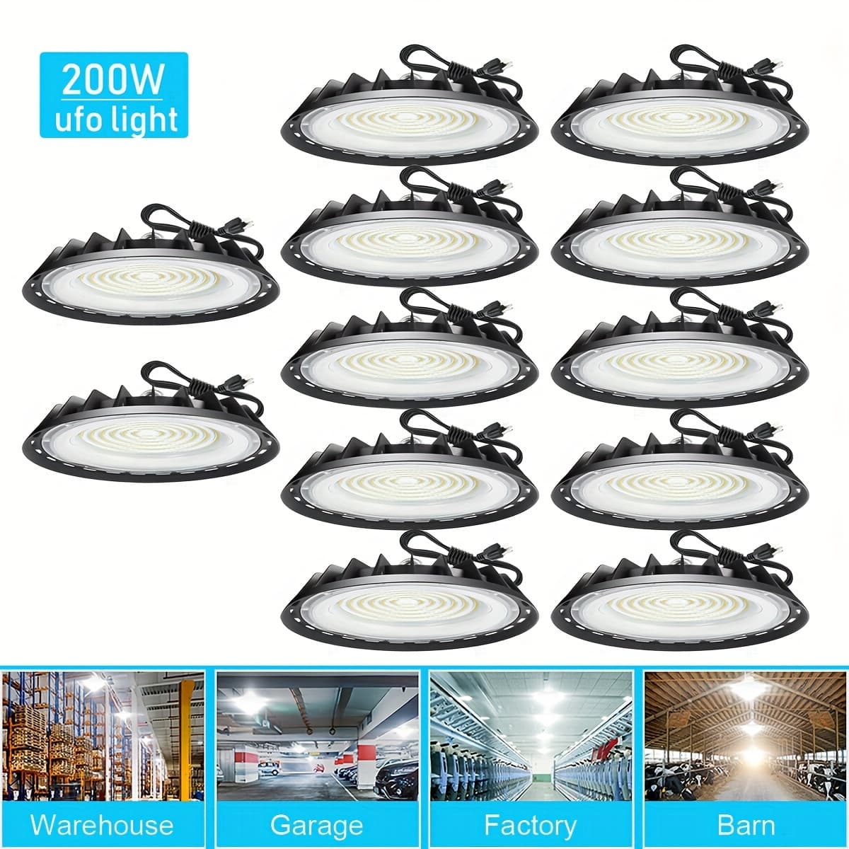 12pcs 200w Ufo Led High , 90-277v, Cold White 6000k, Led Shop Lights, Commercial Industiral Warehouse Garage Workshop Mall Barn Lighting Fixture, With 4ft Us Plug, Ip65