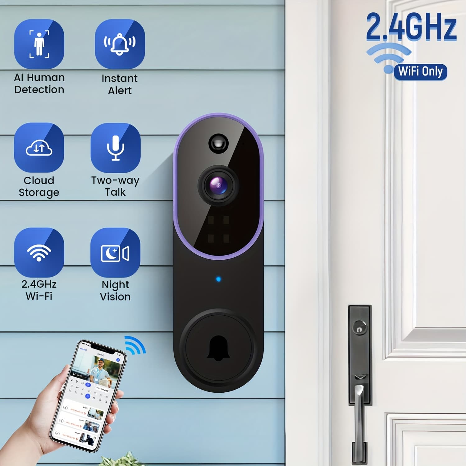 1440p Doorbell Camera, Wireless Indoor/outdoor Security Camera, Cloud Storage, Compatible With 2.4g Wifi, Ai Detection, Instant Alerts, Night Vision, Communication