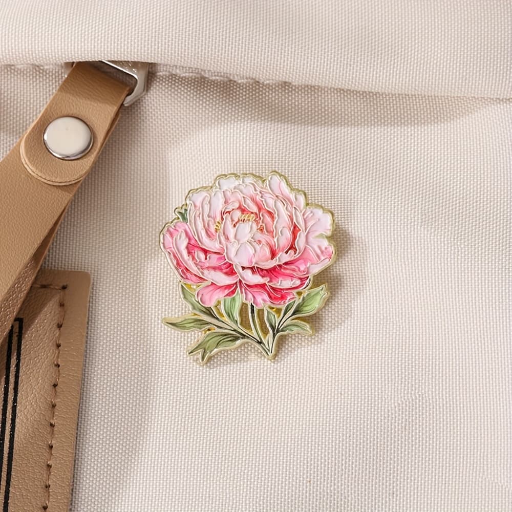 Art Peony Enamel Brooch Pin - Vibrant Pink With Golden Accents, Elegant Lapel Pin For Bags, Jackets & Accessories, Durable Enamel Jewelry Gift Intricate Detailing Suitable For Men And Women.