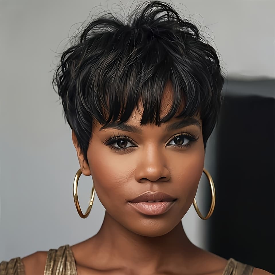 Wig Featuring A 150% Density Human Hair Cut, Designed With Short Layers And Bangs, With A In Shade, Use Without A Lace Front