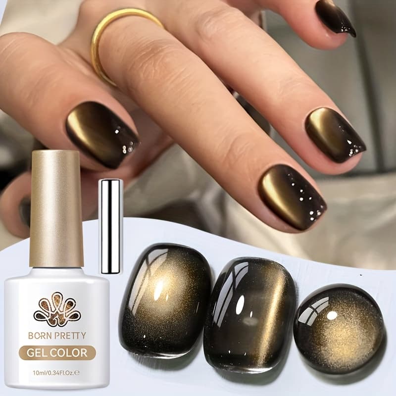 Born Pretty 10ml Magnetic Gel Nail Polish With Glass Beads & Cat Eye Effect - Black Golden Soak Off Magnetic For Diy Nail, Magnetic Swirl Designs, Care Suitable For Nail Artists & Hobbyists