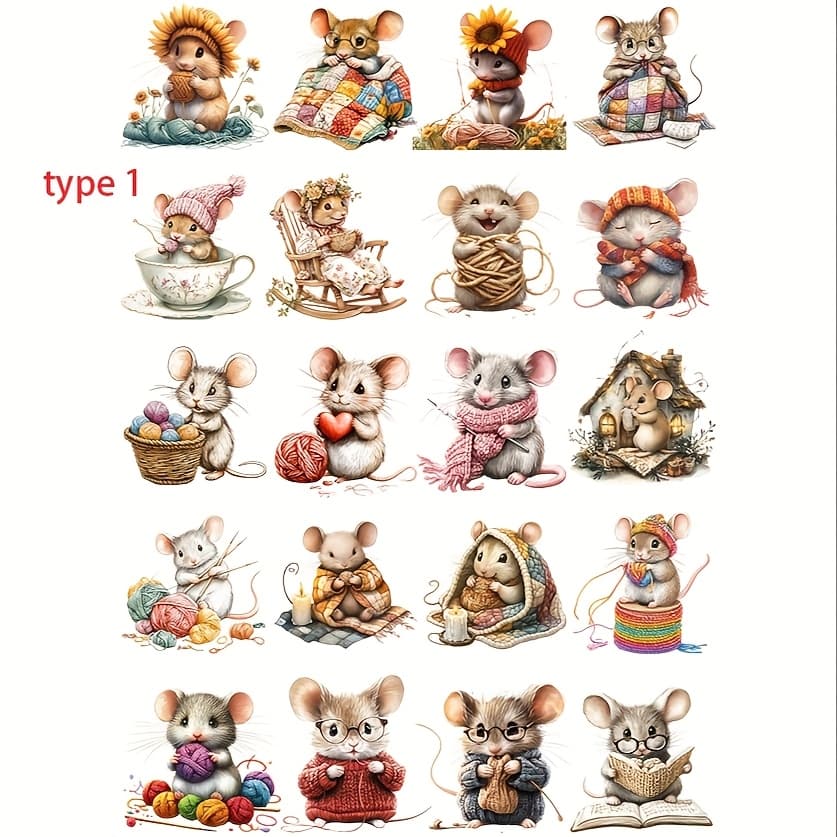 A Pack Of Adorable Little Mouse Stickers Knitting Sweaters And Covering Themselves With Yarn Blankets, Featuring 2d For Scrapbooking, Journals, Notebooks, Photo Albums, Stationery, And Materials