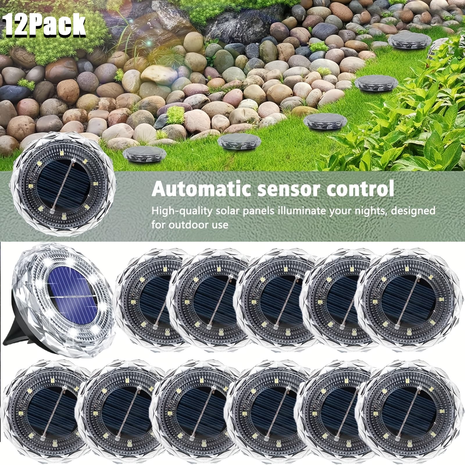 Set Of 12, Solar-powered Lights Designed For Brick And Stone Installation, Portable Ground Lights With Led/white , Suitable For Gardens, Landscapes, Railings, Courtyards, Stairs, And Yards