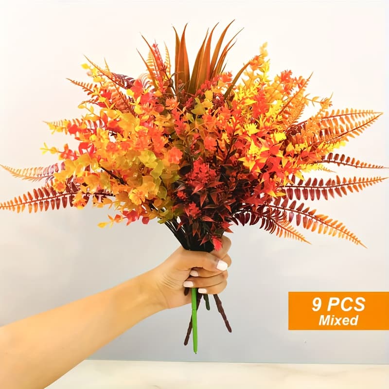 Set Of 9 Synthetic Fall Flowers With Uv Resistance, Ideal For Outdoor Thanksgiving Decor, Including Plastic Window Frames, Fireplaces, Gardens, And Home Embellishments