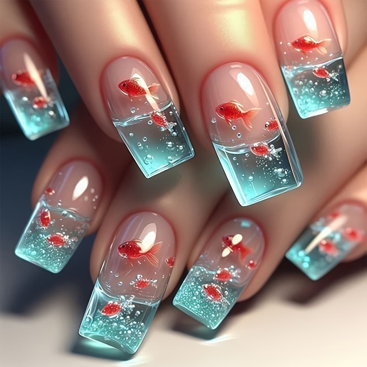 3d Goldfish Square Wearable Nails 24pcs Medium Length Nail Art Set Blue And Tank Glossy Design Fashionable Press-on Nails