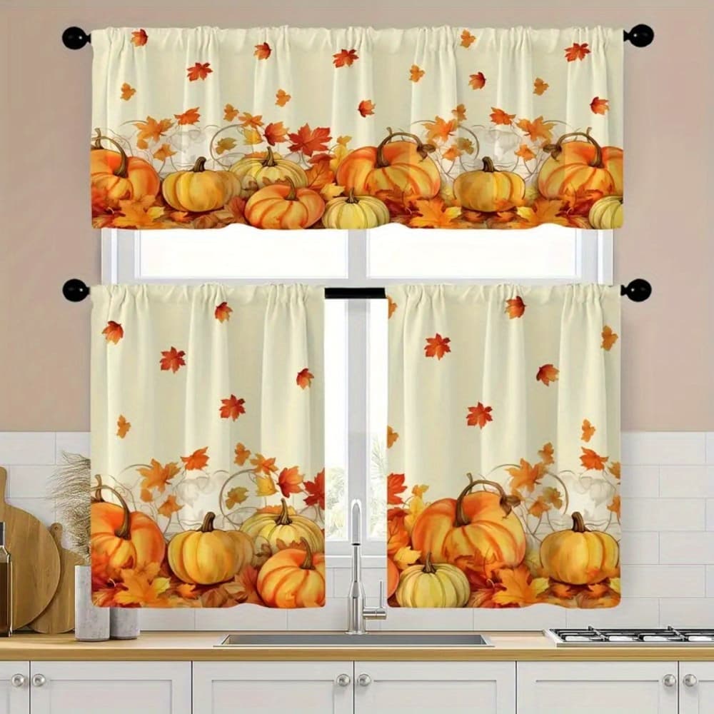 1pc Curtain Head/ 2pcs Curtain, Pumpkin Curtain, Thanksgiving Autumn Kitchen Curtain Pole, Pocket Autumn Maple Leaf Curtain, Short Top Curtain, Decorative Curtain