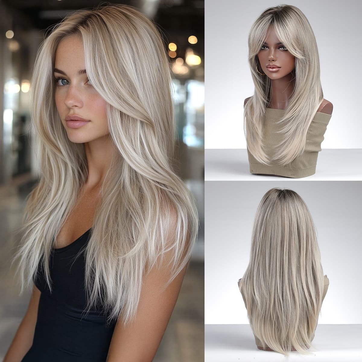 20 Inch Women's Elegant Gradient Platinum With Bangs Layered Hair, Chemical Fiber Wig Rose High Temperature, Suitable For Occasions