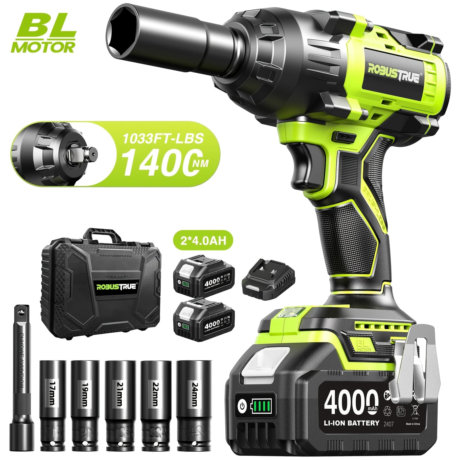 Robustrue 1033ft-lbs (1400n.m) Impact Wrench, High Torque Brushless 1/2 Impact Gun, .0ah 21v Batteries, Fast Charger, 4 Sockets, Household Automotive Tire Truck Mover Impact Wrench