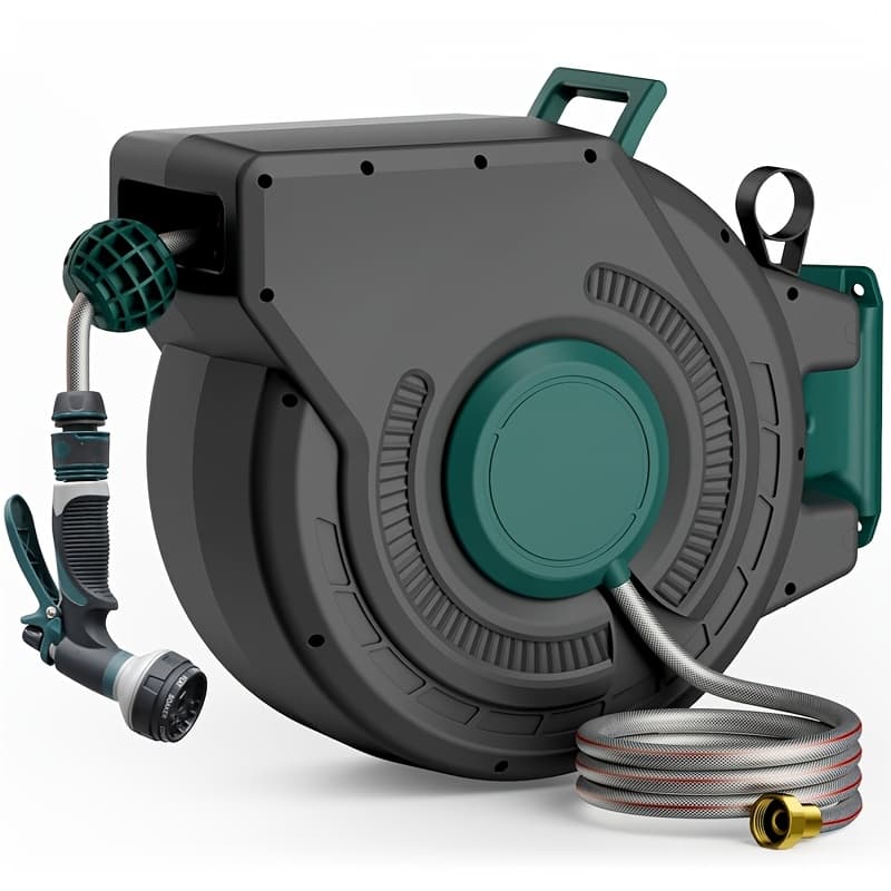 100' X 1/2" Retractable Garden Hose Reel, Outdoor Garden Hose Reel - Automatic Self-retracting Wall Mount Hose Reel Enclosed Storage, Any Length Lock, 10 Nozzle Patterns - Blue