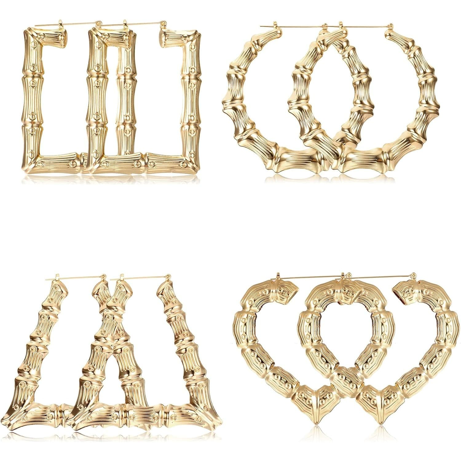 4 Pairs Women's Y2k Bamboo Enormous Heart Earrings, Retro Hip-hop Chunky Hoop Earrings, Oversized Fashion Ear Studs For Women