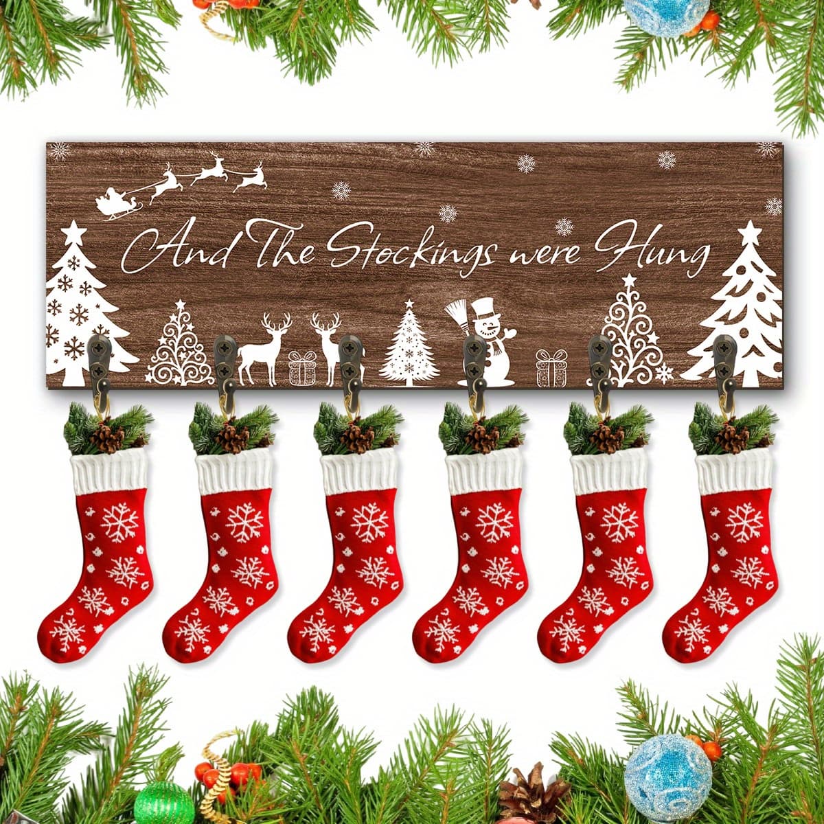 1pc Christmas Stocking Rack With 6 Hangers - Wooden Wall-mounted Stocking Holder With Elk, Snowman, Reindeer & , Snowflake Accents - Mantel Decor For Stalkings Flung Holiday Decoration