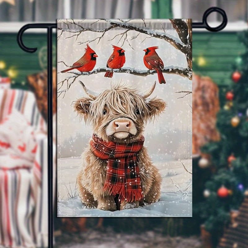 1pc Double-sided Garden Decor Garden Flag Shaggy Highland Cow In Snowy Landscape For Festive Winter Decor And Ambiance