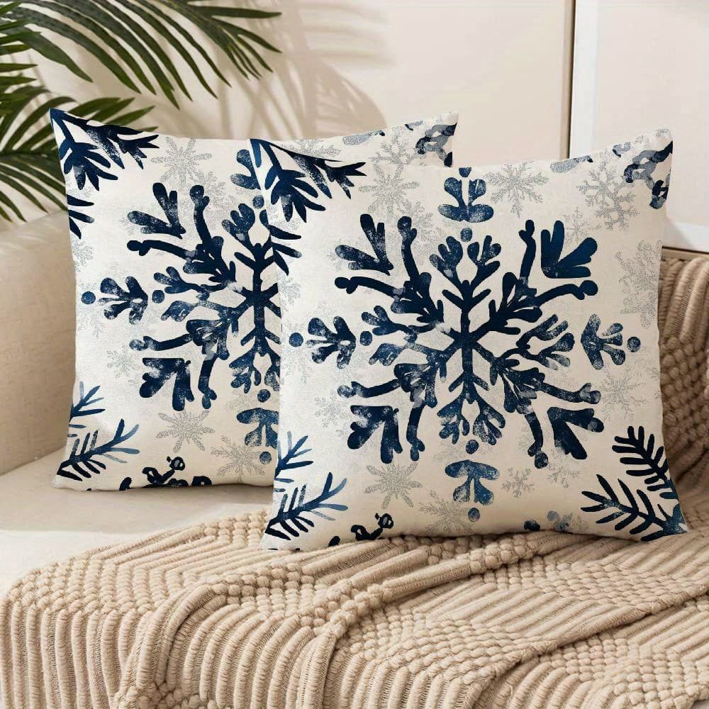 2-pack Cozy Fleece Christmas Throw Pillow Covers Navy Blue With Snowflakes & Reindeer - Soft Warm Cushion Cases Suitable For Couch, Bed, Sofa - Machine Washable Zippered Winter Decor 18x18 Inch