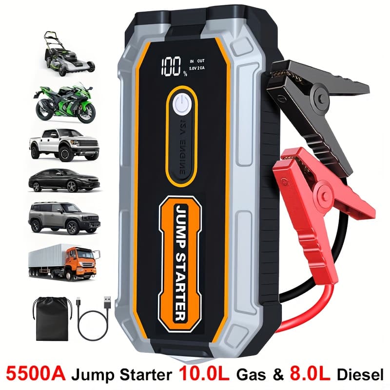 5500a High- Starter - 12v Lithium-ion Battery Pack For 10l Gasoline/8l Cars, Includes Led Light & Usb Ports, Portable Battery Booster With Emergency Car Safety Hammer