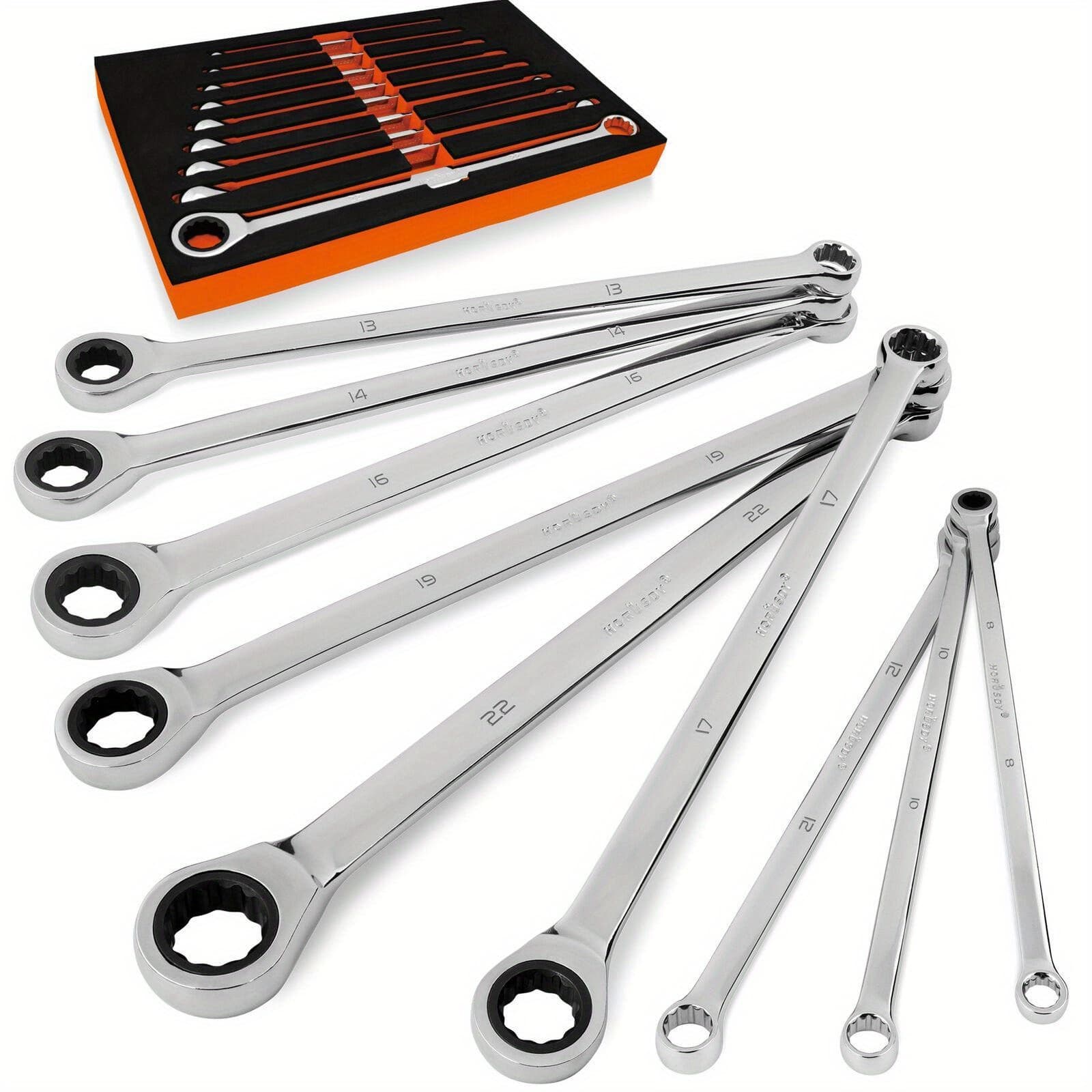 Extra Long Ratcheting Wrench Set, 8-22mm End, 9pcs Metric Cr-, With Eva Foam Tool Organizer