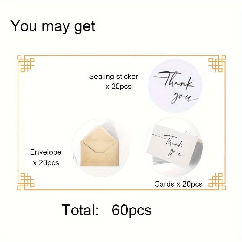 60-pack Elegant Thank You Cards With Envelopes & Stickers - Heavyweight Paper, Gummed Closure, Blank Inside For Personal Messages - Perfect For Business, Baby Showers, Office & Special Occasions