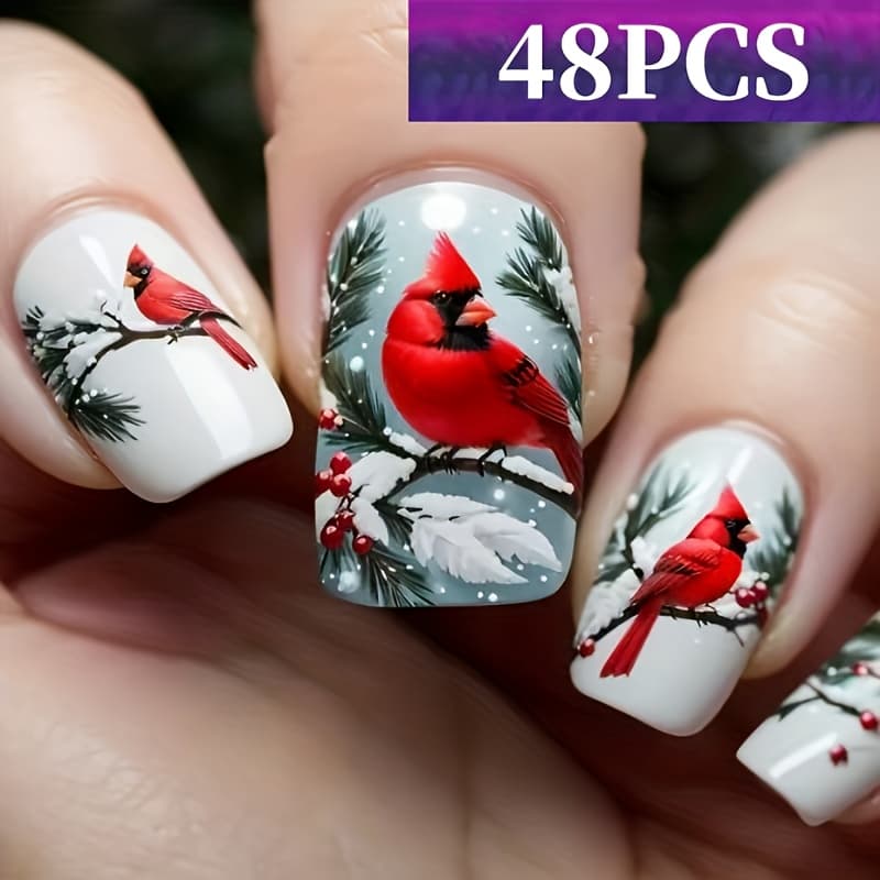 48pcs Christmas Style, Snowy Christmas On Pine Branch Artistic Nail Art, Removable Press - On False Nails