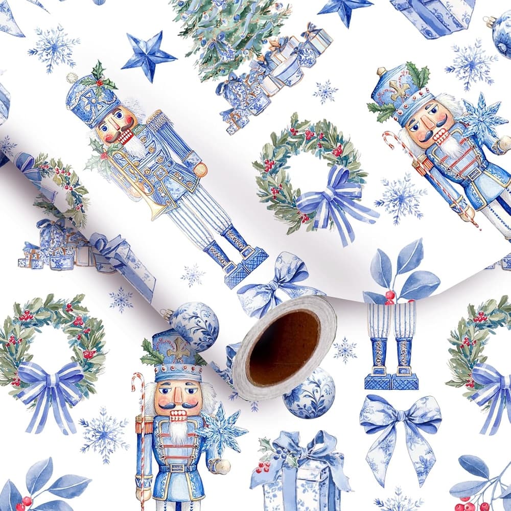 Christmas Wrapping Paper -- 17 32.8 Ft Blue Nutcracker Xmas Tree Wreath Gift Wrap Paper Decorative For Holiday Birthday Party Crafts Supplies