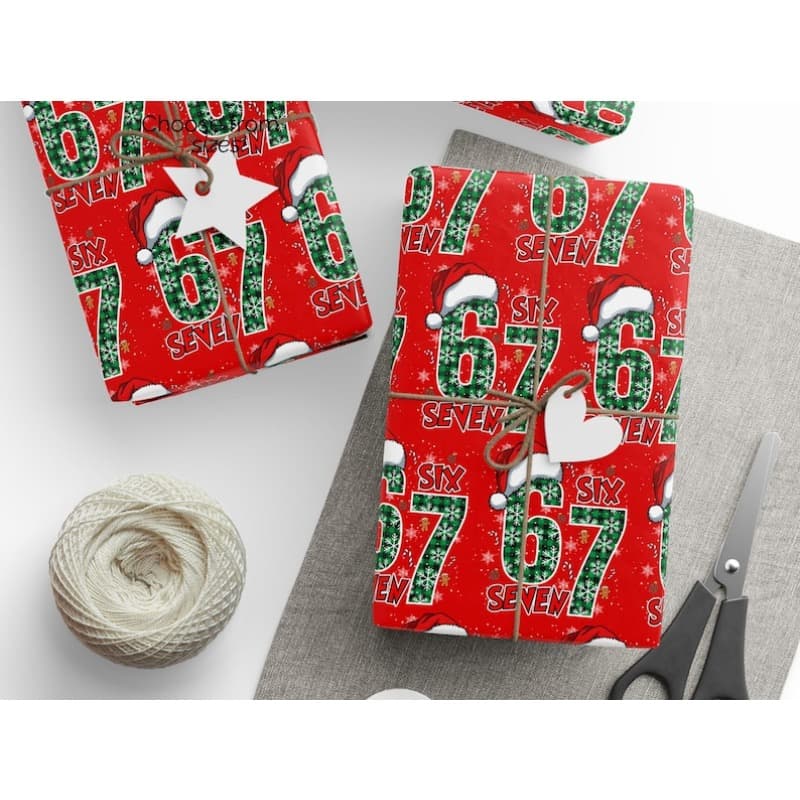 1 Roll Large Christmas Wrapping Paper With Numbered 67 (6 & 7) Design - Red & Green Pattern, Pp Gift Wrap For Birthdays, Parties, Holidays - (58"x23") Fits Large Gifts, Boxes & Presents