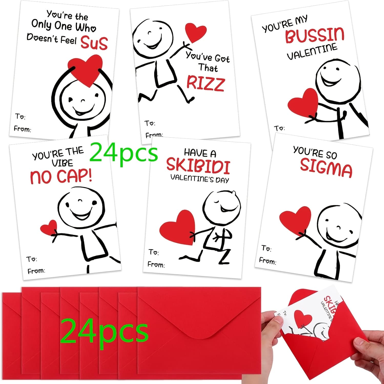 24/36pcs Fun Theme Valentine's Day Card Set With Envelopes, 6 Design Styles - Campus Classroom Exchange Gift Slang Greeting Cards