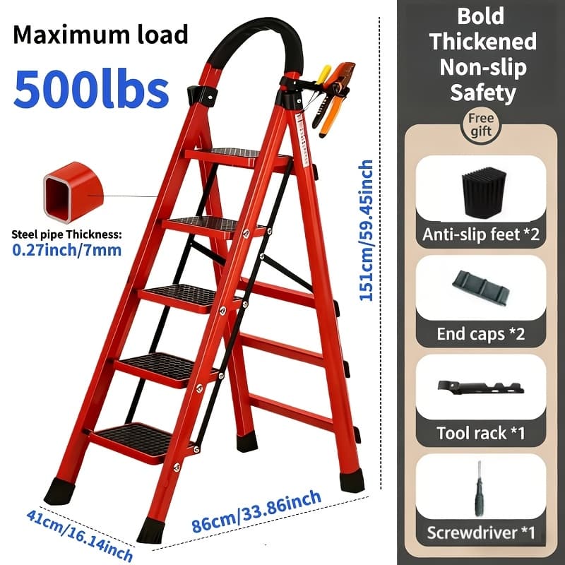 [sturdy Steel Step Stool] Folding 5/4/3/2 Step Ladder, Portable Ladder For , Home, Kitchen, Heavy Sturdy Steel Step Stool With Anti-slip Wide Pedals, Handrail, Design, 500lbs Load,