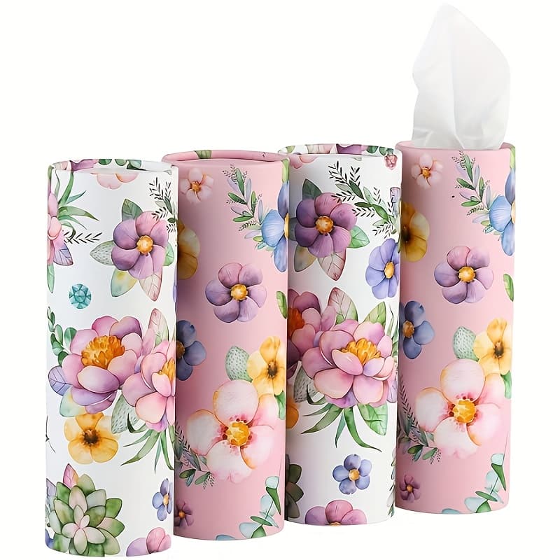 Car Tissues Holder With Facial Tissues - 4 Pk - Travel Tissue Tubes Box Container For Car Cup Holder Car Tissues Cylinder (pink)